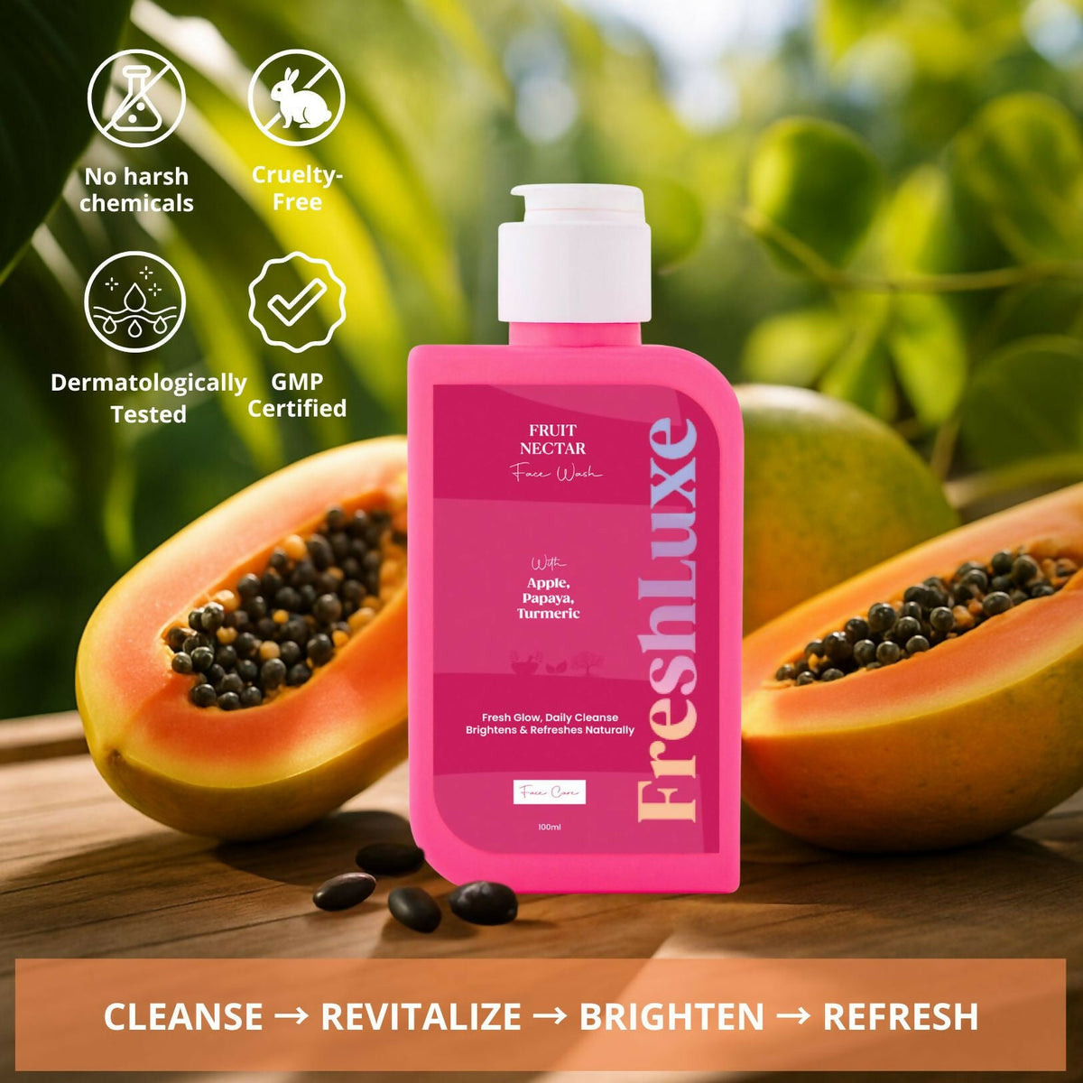 FreshLuxe Fruit Nectar Face Wash For Glowing Skin & Reducing Dark Spots with Apple, Papaya & Turmeric | Grocsy