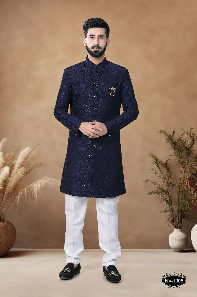 Joban Fashion Men's Blue Straight Silk Heavy Thread & Sequence Embroidery All Over Indo-Western Kurta Set | Grocsy