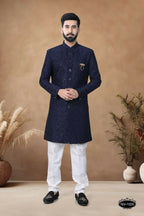 Joban Fashion Men's Blue Straight Silk Heavy Thread & Sequence Embroidery All Over Indo-Western Kurta Set | Grocsy