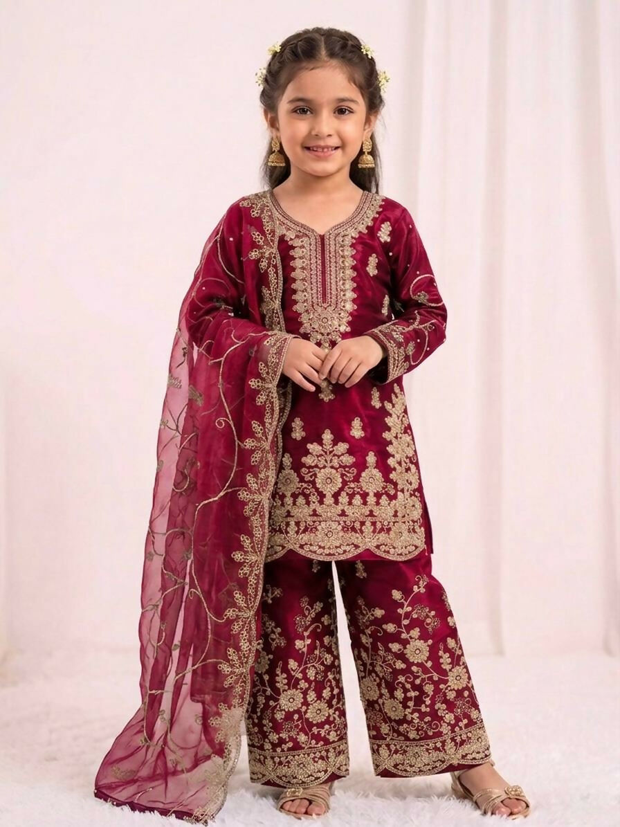 Teeya Creation Girls Heavy Embroidery Pink Ethnic Kurta And Palazzo Set With Net Dupatta | Grocsy