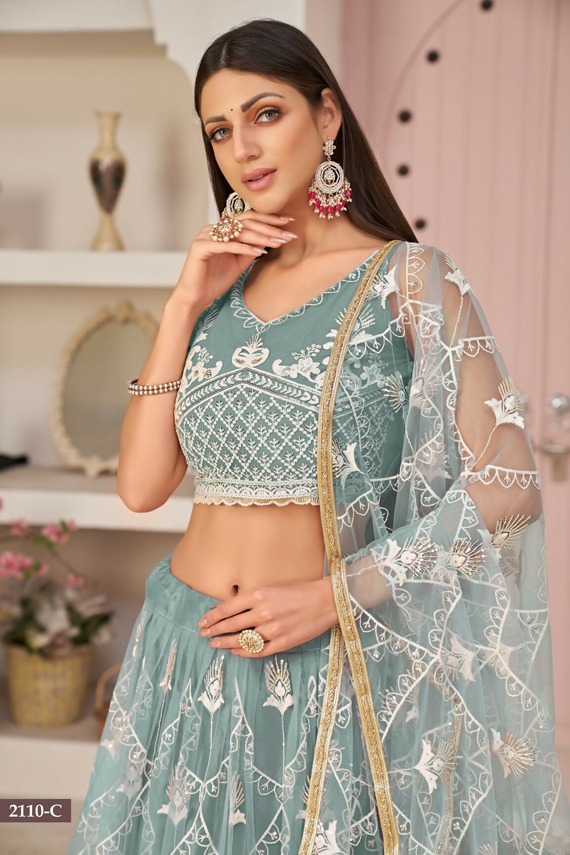 Eilara Women'S Ocean Blue Butterfly Net White Cotton Thread And Zari Sequence Embroidered Work Lehenga Choli For Wedding | Grocsy