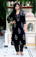 Miravan Women's Cotton Gota Patti Black Floral Printed Straight Kurta Palazzo Set | Grocsy