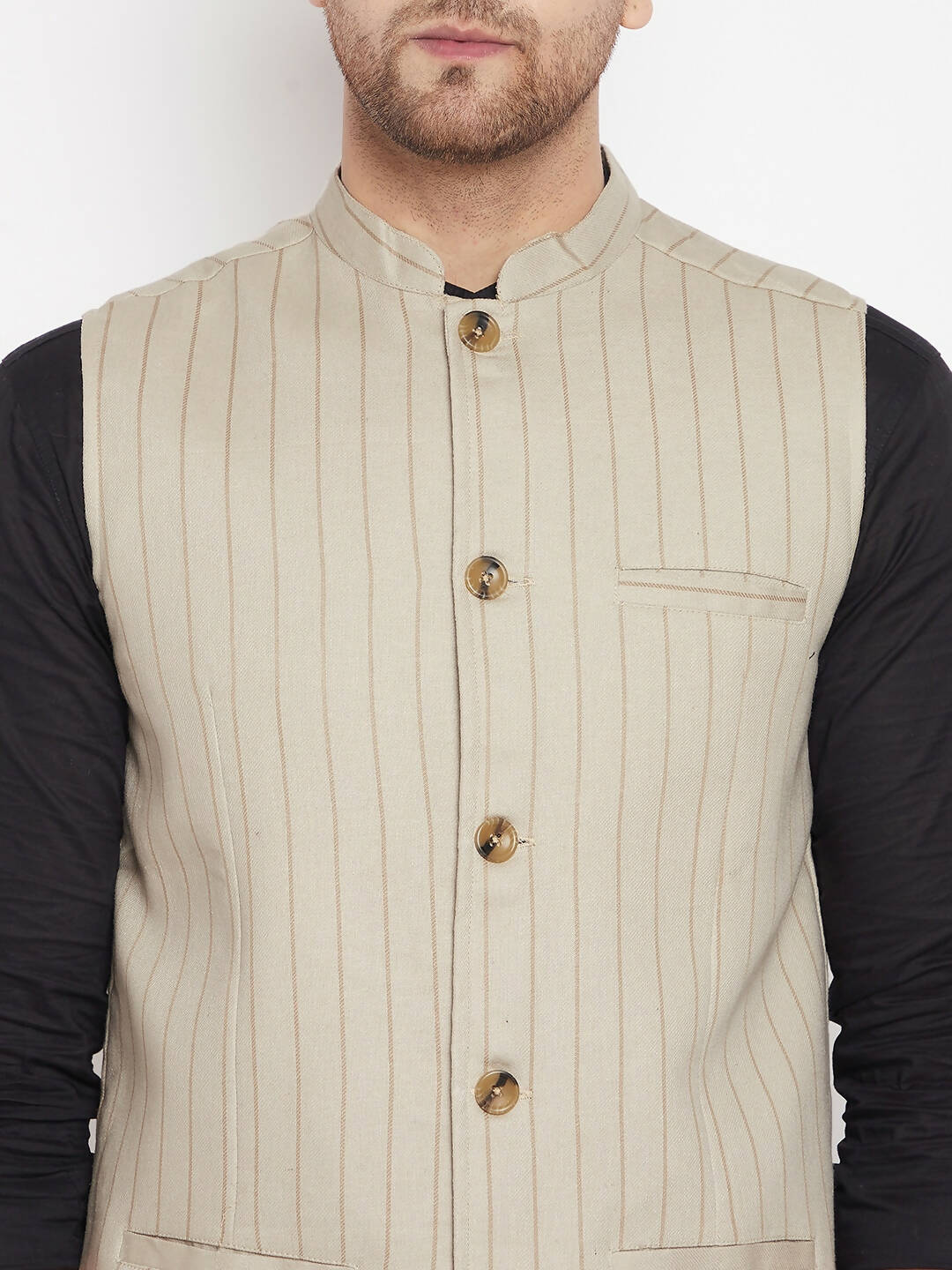 Even Apparels Beige Linen Blend Men Woven Nehru Jacket | Grocsy
