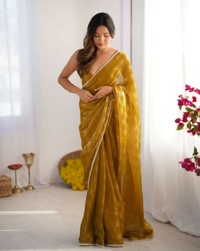 NC Chiffon Chex Wevon Chex Designer, Lace Party Wear Saree - Mustard | Grocsy