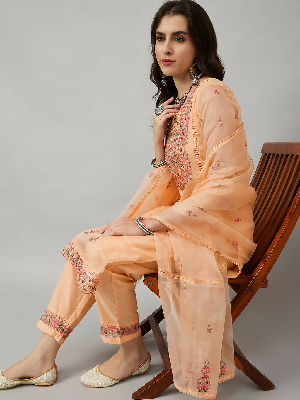 Orange Organza Embroidered Kurta with Bottom & Dupatta - Salimar | Grocsy