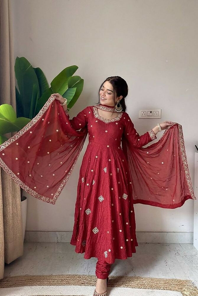 Teeya Creation New Trendy Elegant Red Embroidered Anarkali Suit with Dupatta | Grocsy
