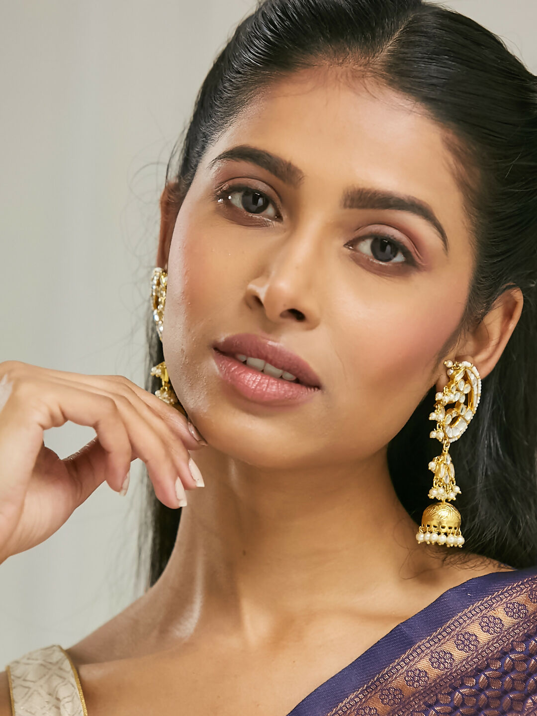 Nuyug 22K Gold-Plated Elegant Kundan Stone Studded & Pearl Drops Mini Jhumki Dangler Earrings | Grocsy
