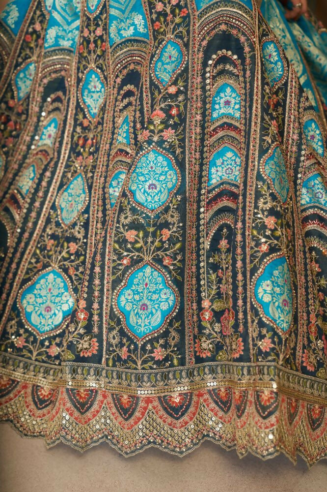 Kesar Fab Blue Banarasi Silk Embroidered Lehenga | Grocsy