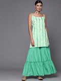 Ahalyaa Blue & Gold Floral Printed & Striped Straight Kurti with Sharara | Grocsy