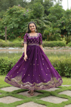 Vastranavya Premium Designer Faux Blooming with Embroidery Zari Sequins work Gown - Purple | Grocsy