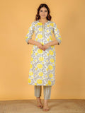 Aramya Yellow Soft Cotton Floral Print Straight Kurta Pant Set for Women | Grocsy
