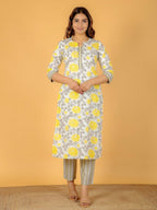 Aramya Yellow Soft Cotton Floral Print Straight Kurta Pant Set for Women | Grocsy