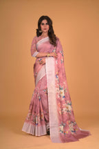 Mauve Cotton Silk Floral Printed Saree With Unstitched Blouse Piece - Akshita | Grocsy