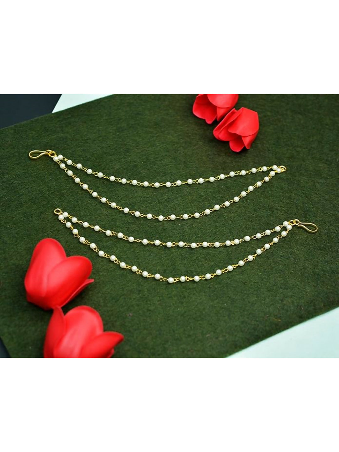 NVR Pearl Studded Classic Gold-Polished 2 Line Ear Chain Ear Cuff | Grocsy