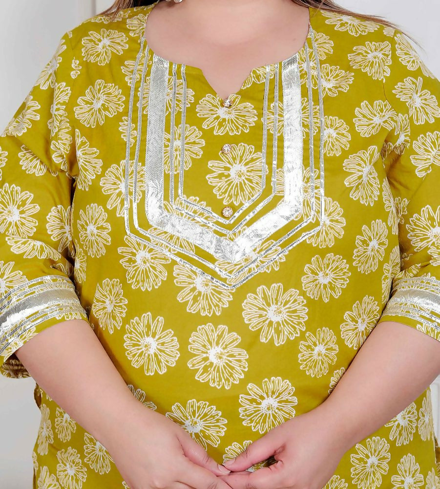 Miravan Plus Size Women'S Lime Yellow Block Printed Kurta With Palazzo | Grocsy