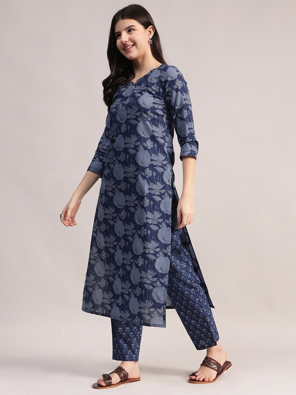 Aavyora Women's Floral Printed Indigo Blue Cotton Straight Kurta With Trouser & Dupatta | Grocsy