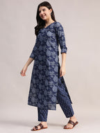 Aavyora Women's Floral Printed Indigo Blue Cotton Straight Kurta With Trouser & Dupatta | Grocsy