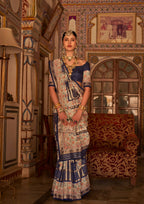 Dark Blue P V Silk Digital Print, Zari Work Printed Saree - Rewaa Parampara | Grocsy