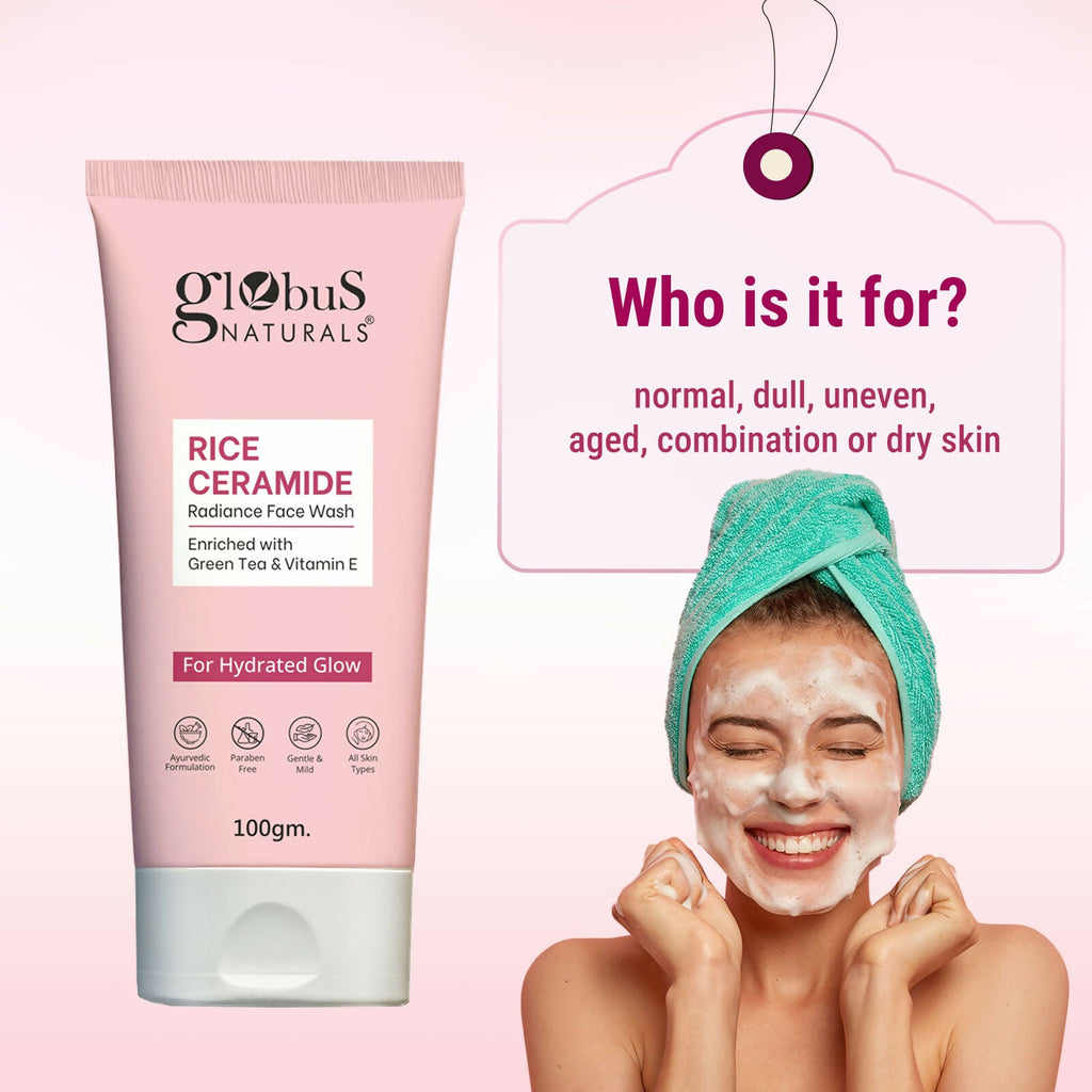 Globus Naturals Rice Ceramide Face Wash For Hydrated Glow, Enriched with Green Tea & Vitamin E | Grocsy