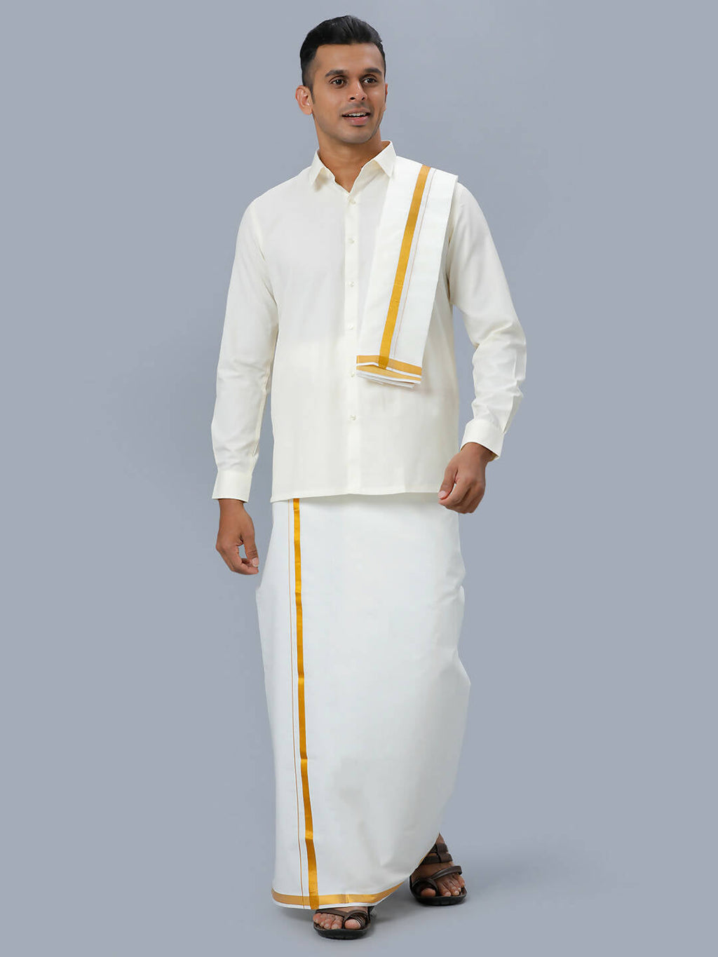 Ramraj Cotton Mens Wedding Set Cream Regular Dhoti, Shirt & Towel | Grocsy