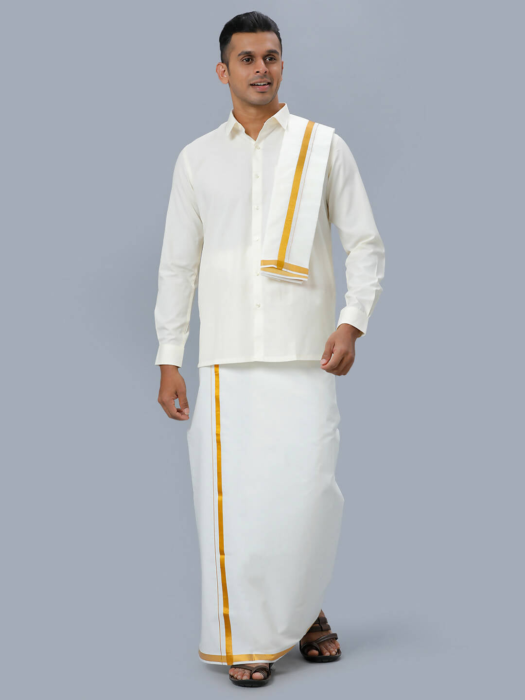 Ramraj Cotton Mens Wedding Set Cream Regular Dhoti, Shirt & Towel | Grocsy