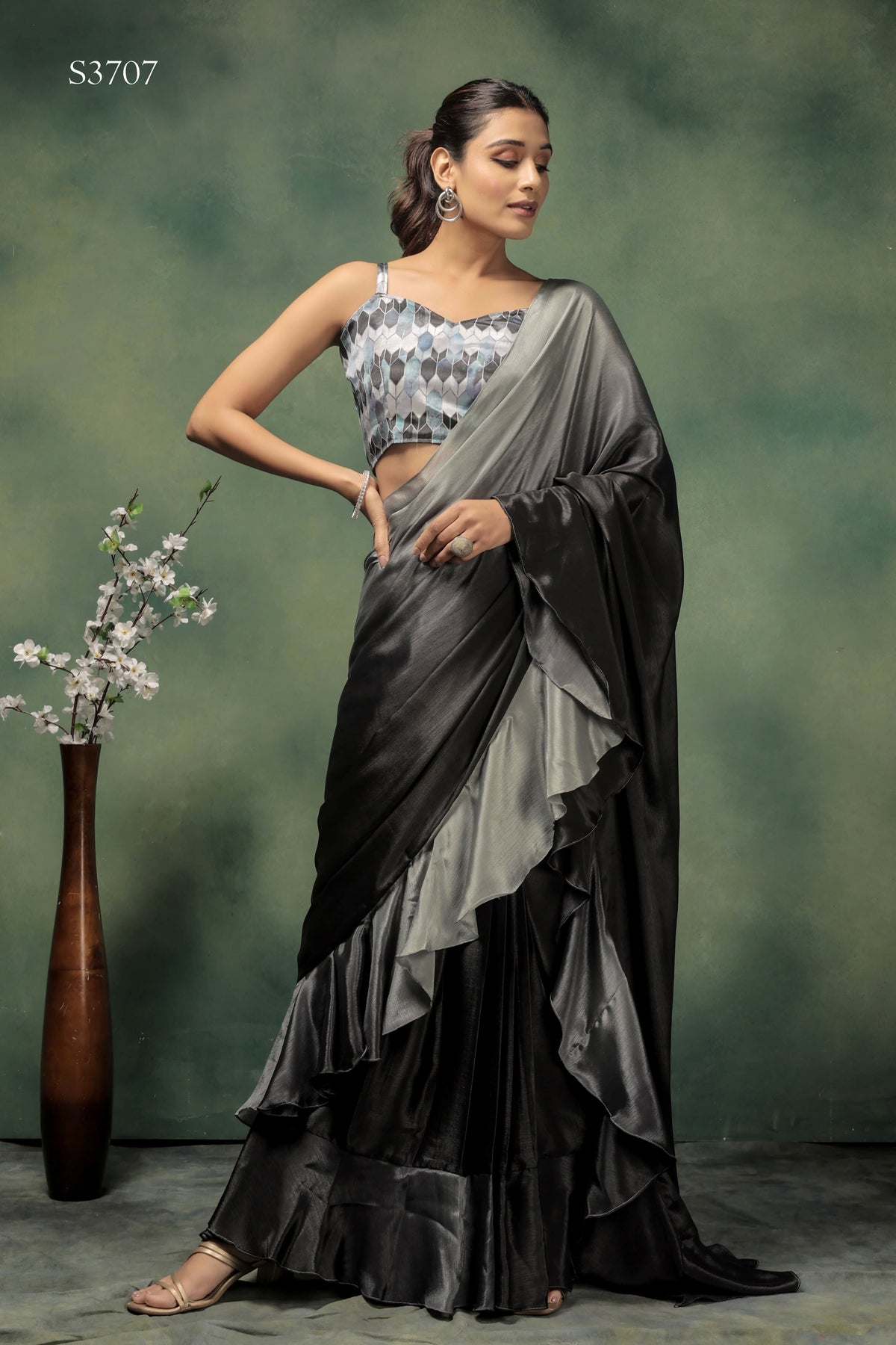 Grey Satin Solid Designer, Printed Party Wear Ready To Wear Saree - Nasreen | Grocsy