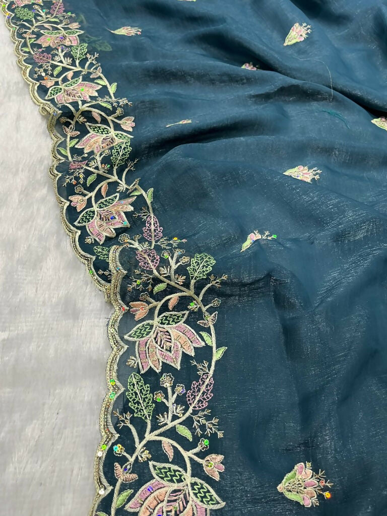 Vastranavya Gold Crunchy Multi Colour Threads Embroidery Work with Sequins Work Saree with Blouse material - Teal | Grocsy