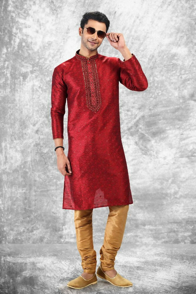 Raivat Ethnic Jacquard Silk Brocade Mirror and Thread Work Kurta Pajama In Maroon Colour | Grocsy
