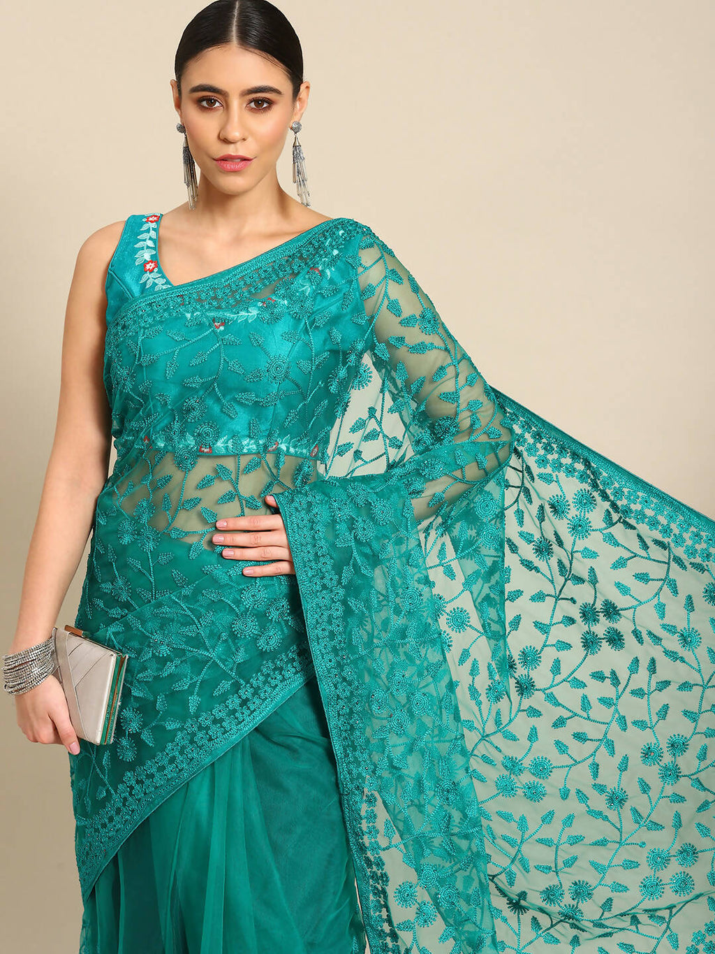 Sea Green Woven Design Net Saree with Blouse Piece - Kalamkari | Grocsy
