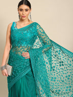 Sea Green Woven Design Net Saree with Blouse Piece - Kalamkari | Grocsy