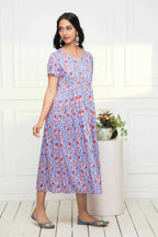 Myshka Women Purple Floral Rayon A-Line Round Neck Dress | Grocsy