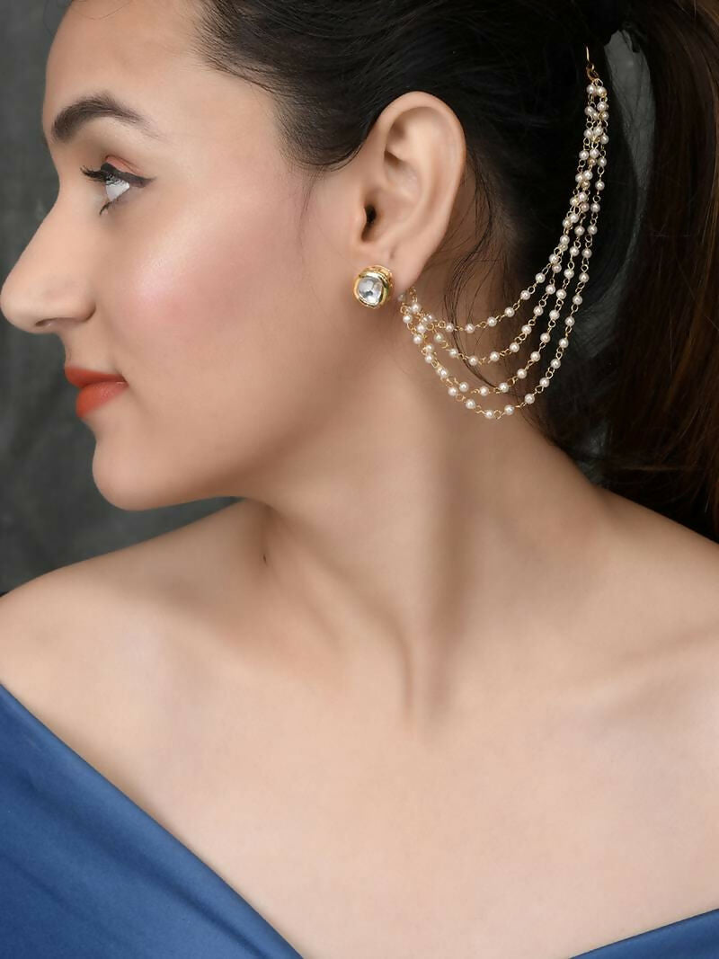 NVR Pearl Studded Classic Gold-Polished 4 Line Ear Chain Ear Cuff | Grocsy