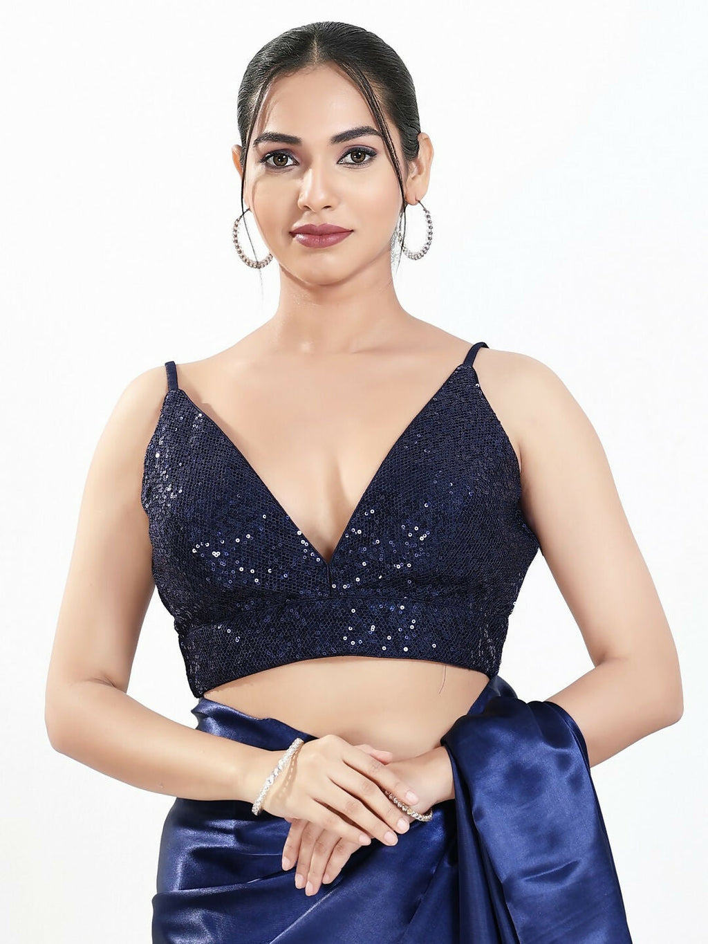 Joban Fashion Navy Blue Sequin Padded Blouse With V Neck Sleeveless | Grocsy