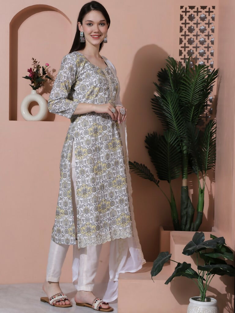 Jyoti Fashion Women's Off White Cotton Floral Digital Printed Kurta with Trouser & Dupatta | Grocsy