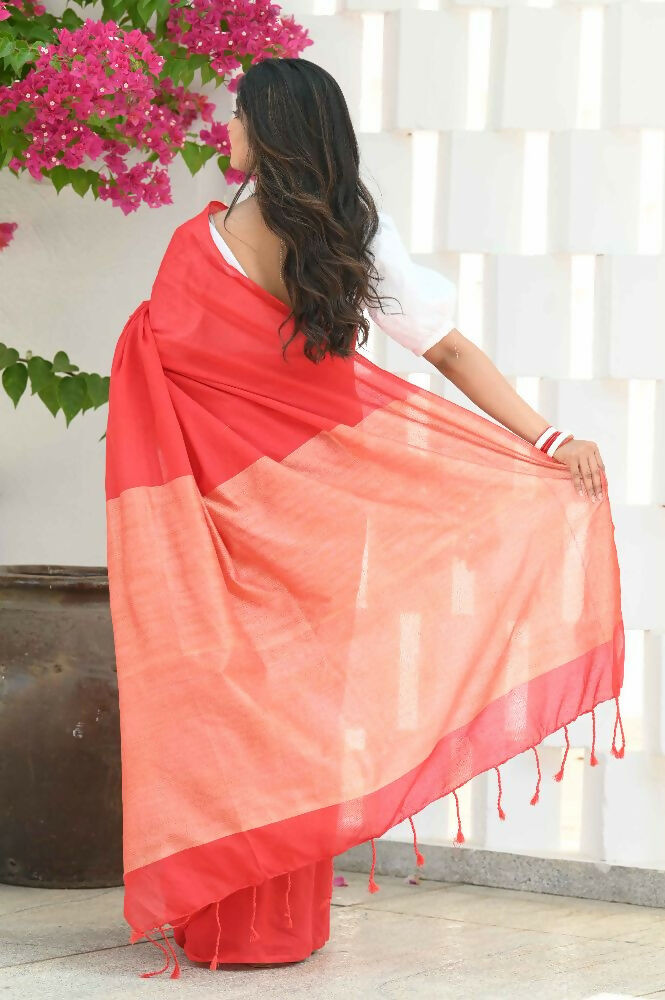 Beatitude Red Cotton Ghicha Pallu Saree | Grocsy