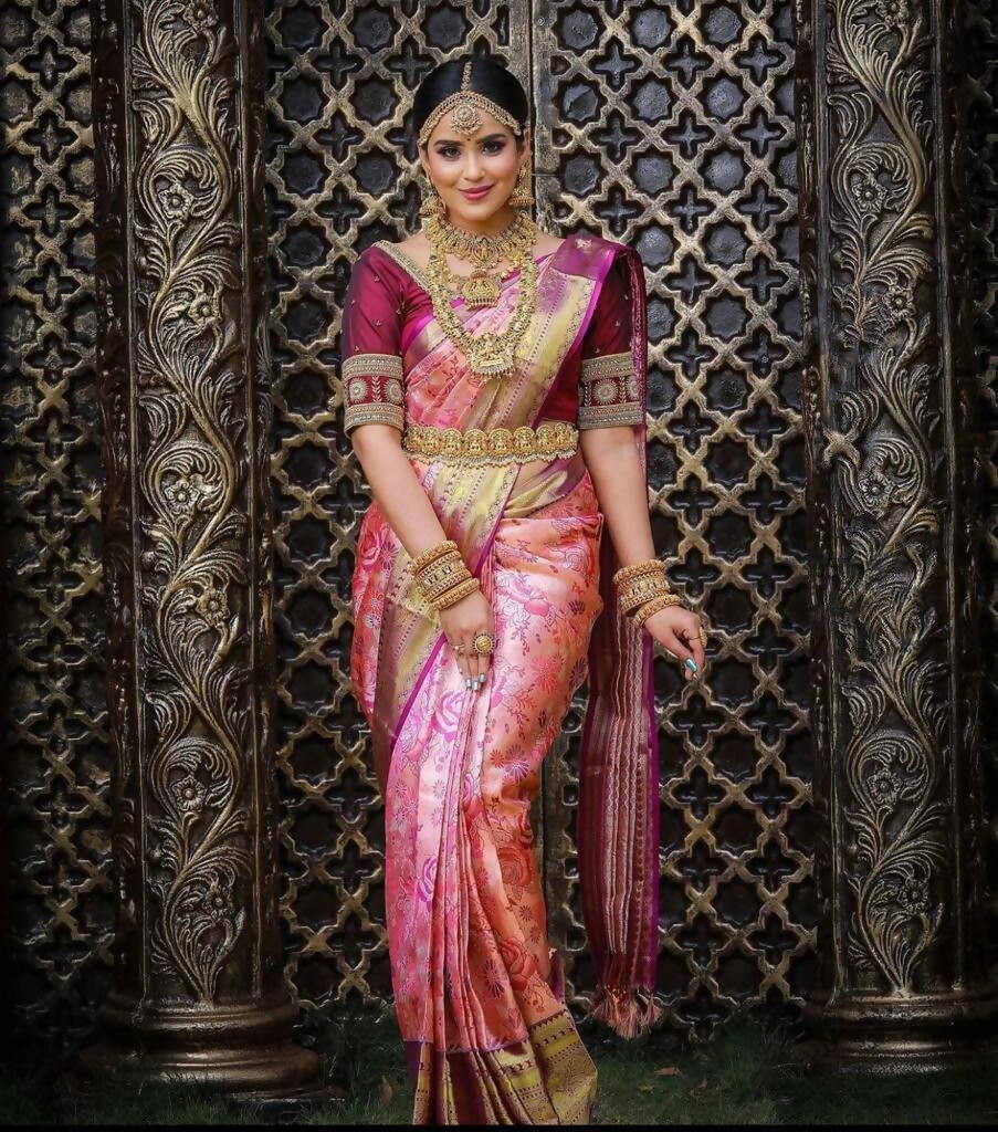 DEIANA'S Beautiful Designer Golden zari Soft Lichi Silk Saree - Peach | Grocsy