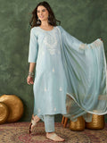 The52 Women's Beautiful Thread Work Cotton Blend Fabric Straight Kurta Pant and Dupatta Set | Grocsy