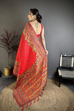 Elora Red Pashmina Silk Meenakari Weaving Madhubani Design Kashmiri Saree | Grocsy