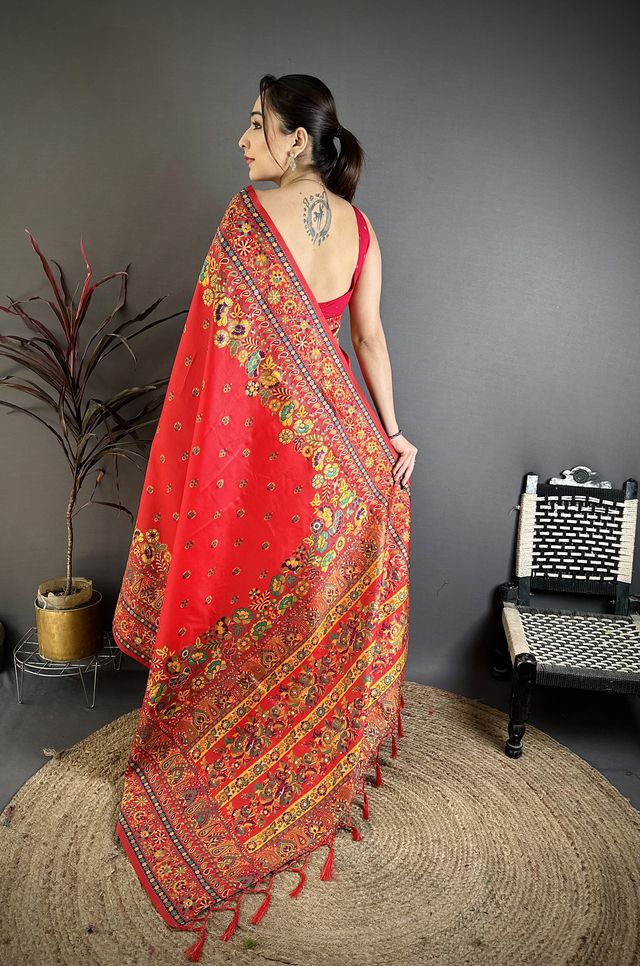 Elora Red Pashmina Silk Meenakari Weaving Madhubani Design Kashmiri Saree | Grocsy