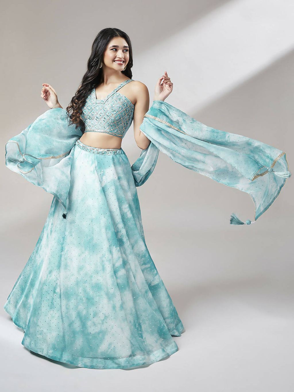 House of Panchhi Turquoise Blue Organza Floral Printed Lehenga choli & Dupatta | Grocsy