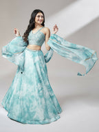 House of Panchhi Turquoise Blue Organza Floral Printed Lehenga choli & Dupatta | Grocsy