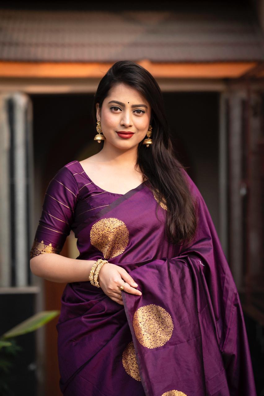 Purple Silk Woven Saree with Unstitched Blouse - Hiral Fashion | Grocsy