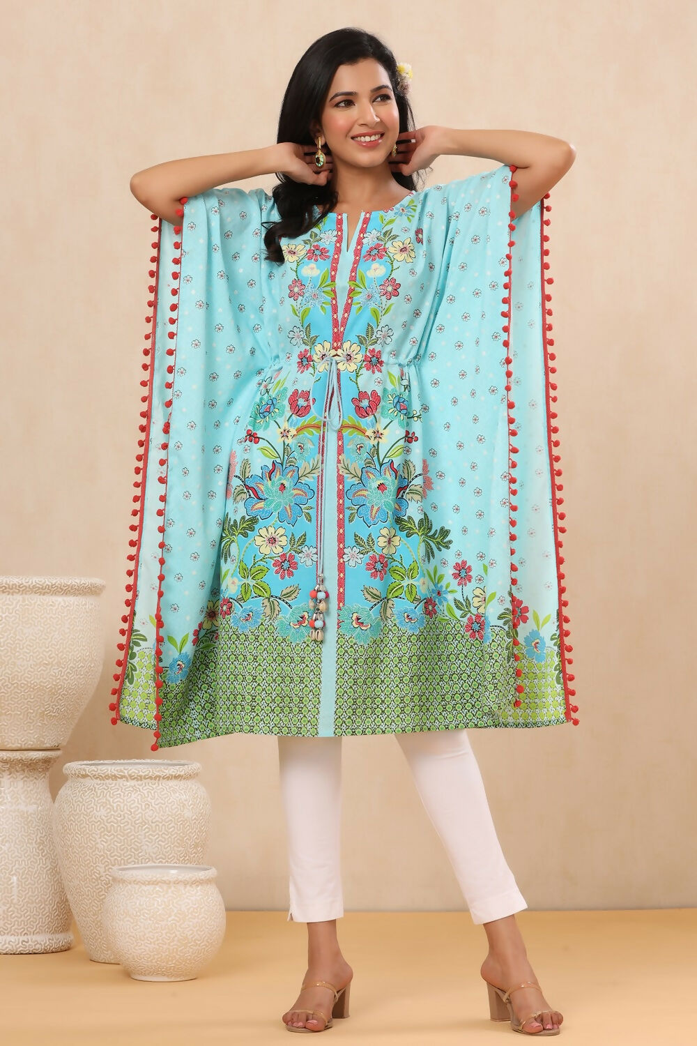 Juniper Sky Blue Floral Printed Calf-Length Rayon Kaftan. | Grocsy