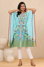 Juniper Sky Blue Floral Printed Calf-Length Rayon Kaftan. | Grocsy
