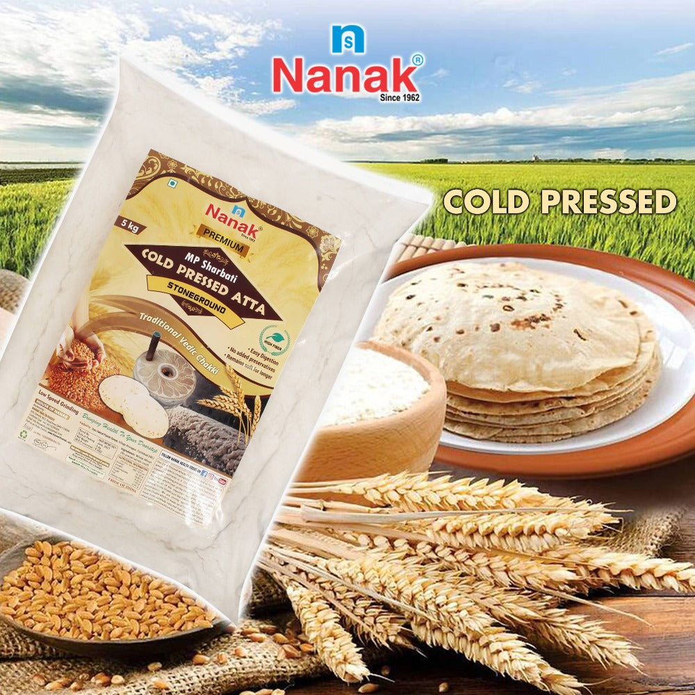 Nanak Premium MP Sharbati Cold Pressed Atta-Stoneground|Low Speed Grinding,5Kg | Grocsy
