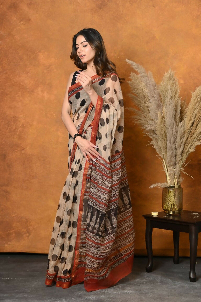 Very Much Indian Handblock Printed Cotton Saree With Natural Dyes - White | Grocsy