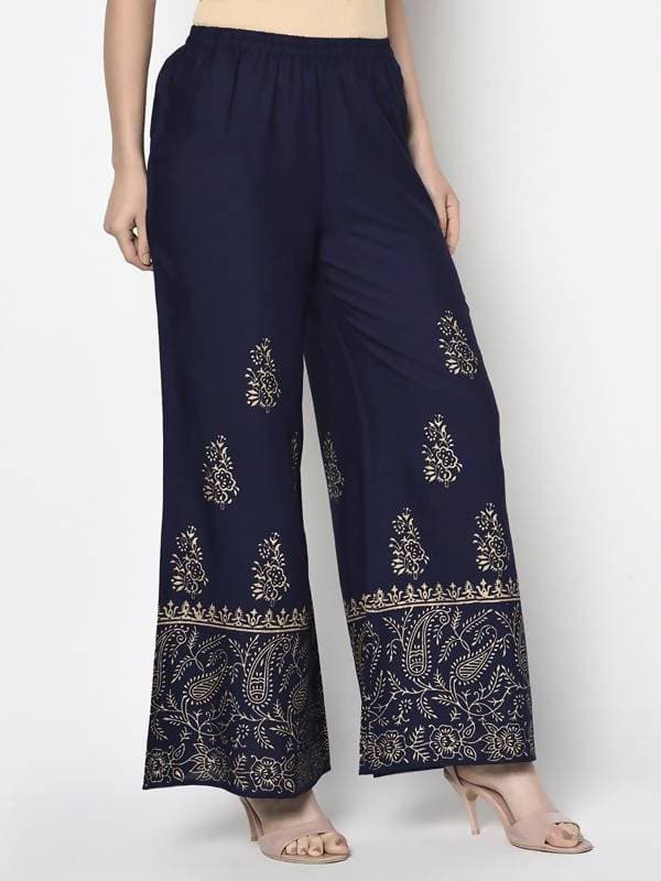 Aniyah Rayon Navy Blue Color Block Print Flared Slip-On Palazzo (AN-211K) | Grocsy