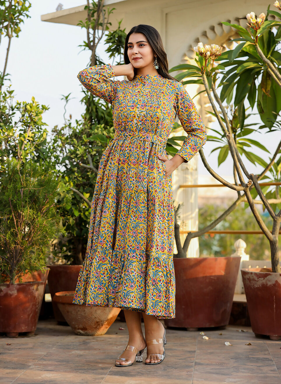 Kaajh Women's Yellow Floral Handblock Print Cotton Dress | Grocsy