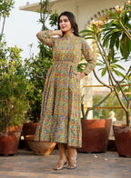 Kaajh Women's Yellow Floral Handblock Print Cotton Dress | Grocsy