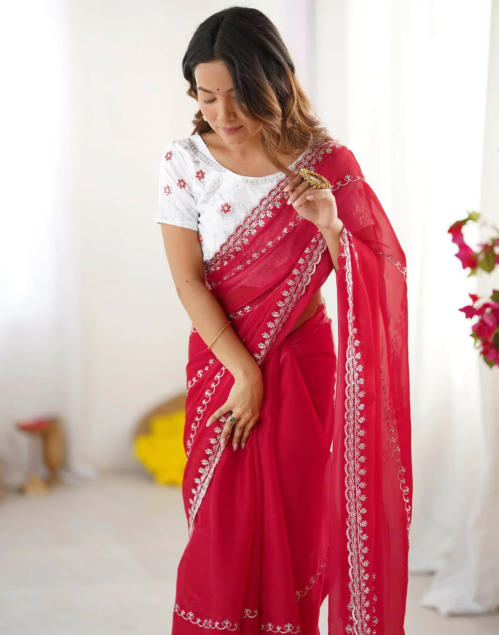 Joban Fashion Tissue Silk Red & Silver Embroidery Saree | Grocsy